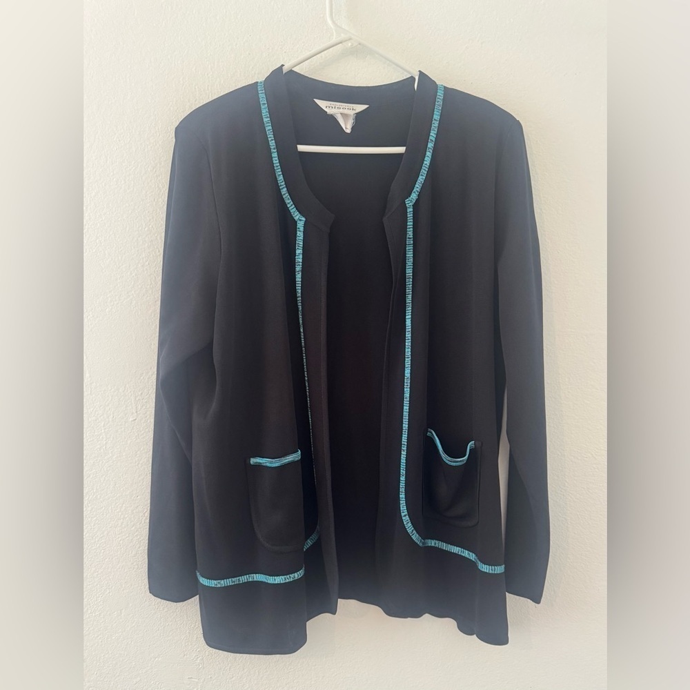 Exclusively Misook Knit Cardigan Blue Trim Career Office Mature Size XL